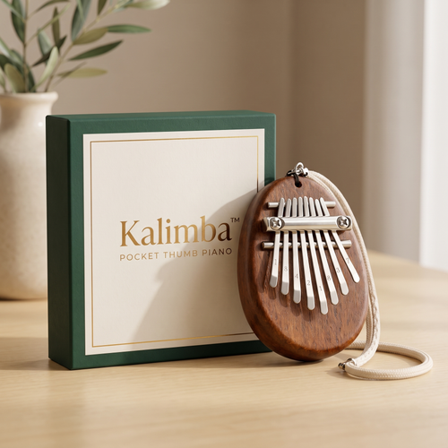 A small oval wooden kalimba pocket thumb piano with silver metal keys and a cream hanging strap, shown beside its dark green and cream branded gift box on a light wood surface.