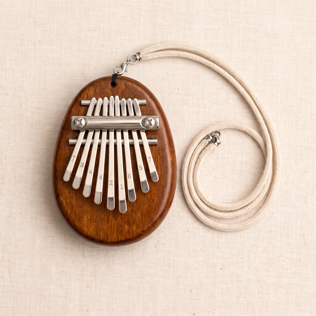 A wooden kalimba thumb piano pendant necklace with silver metal tines and a thick cream-colored braided cord, displayed on a textured beige fabric background.