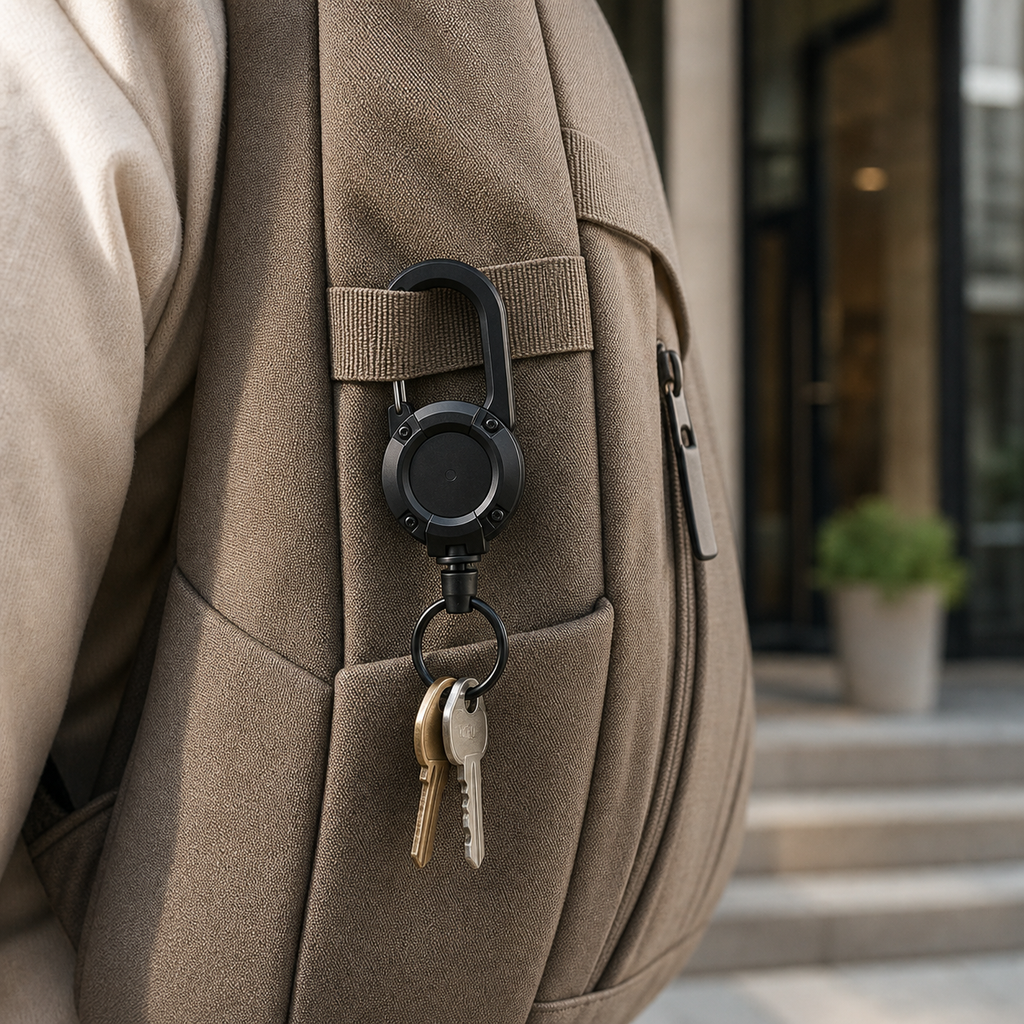 TUGLO retractable key keeper clipped to a taupe commuter backpack with two house keys