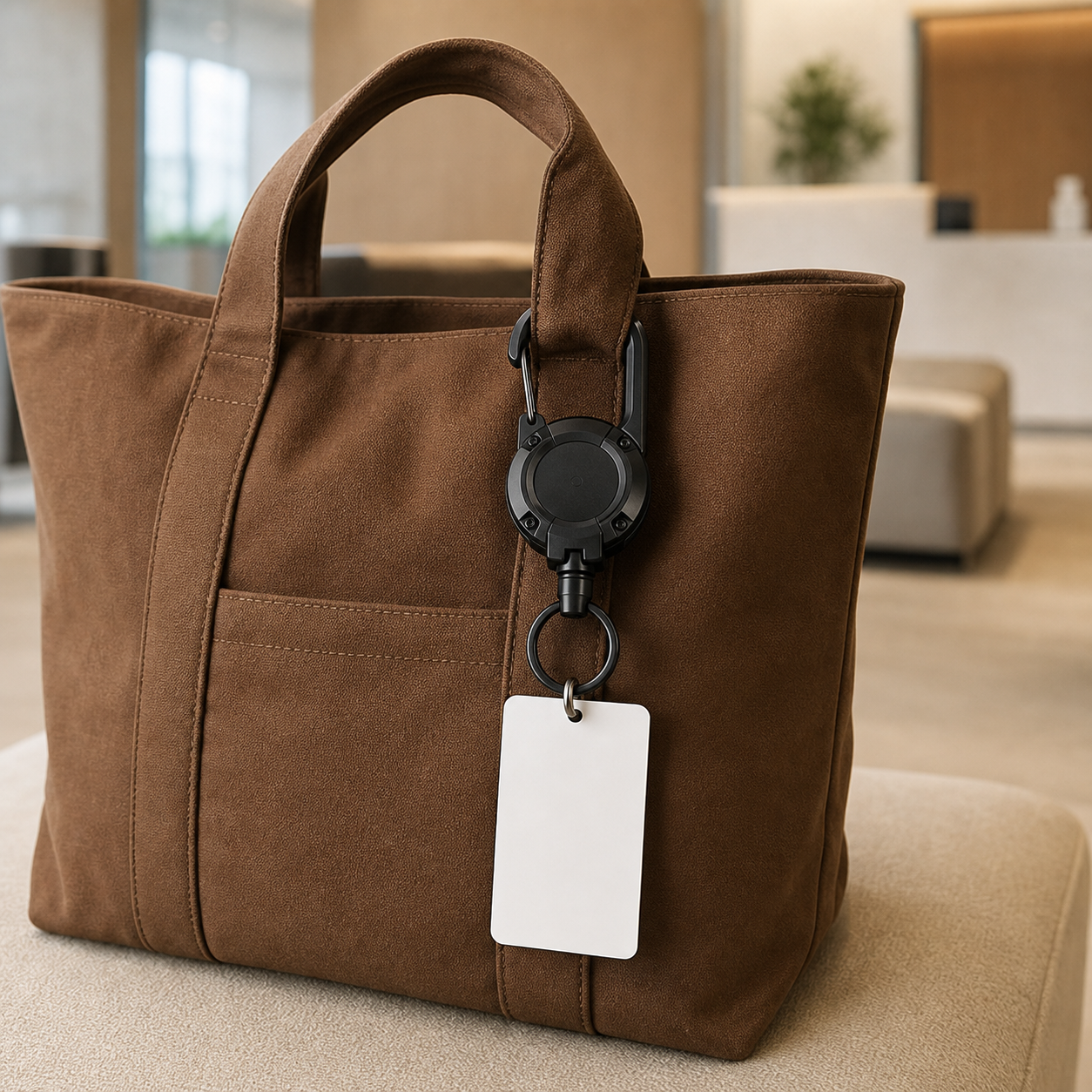 TUGLO key keeper clipped to a cocoa work tote with a blank access card