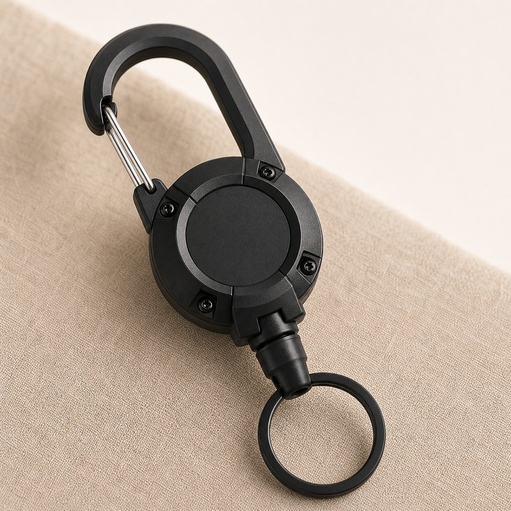 Close-up of TUGLO carabiner, ABS reel body, metal gate and key ring construction