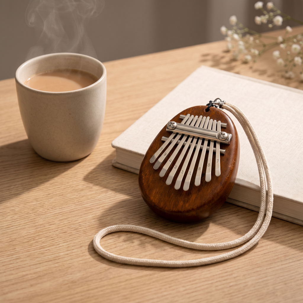 A small wooden kalimba thumb piano with silver metal tines and a cream cord, resting on a light wood table beside a cup of coffee and an open book.