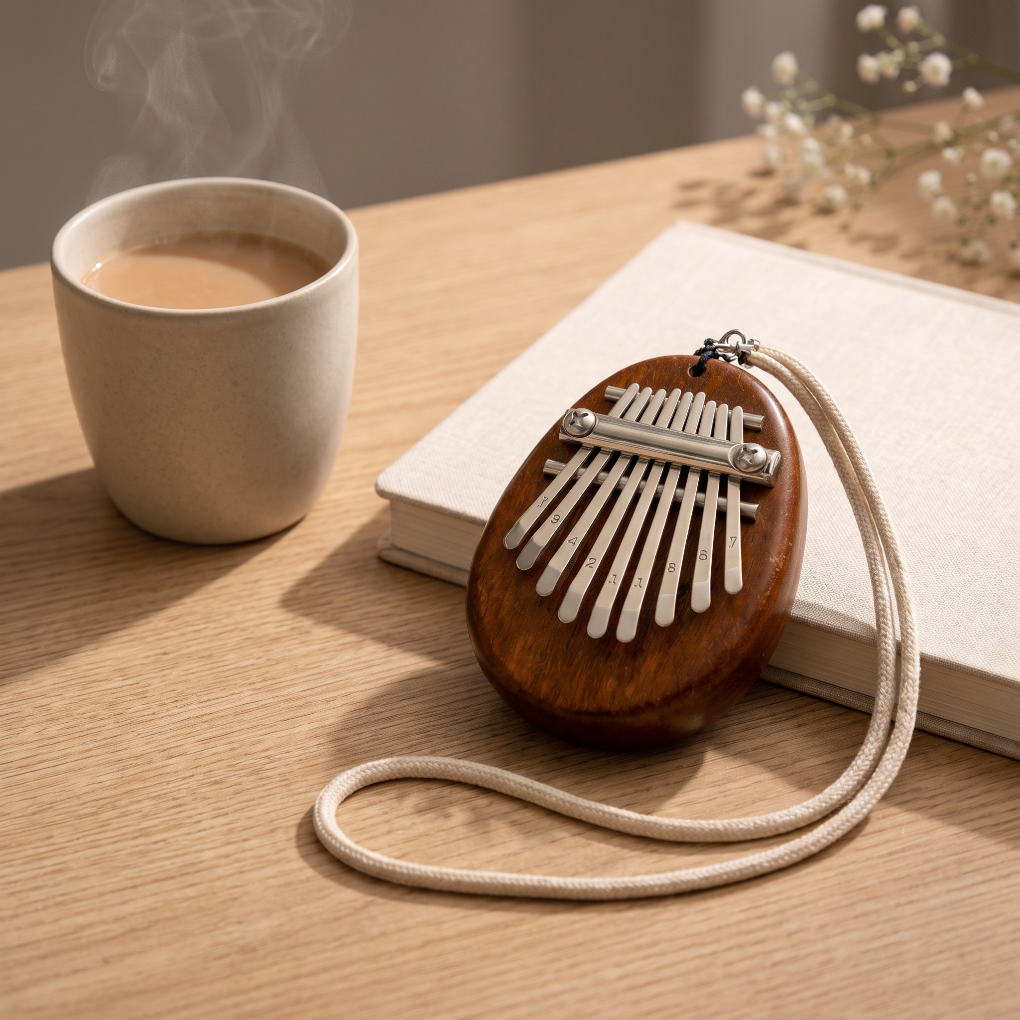 A small wooden kalimba thumb piano with silver metal tines and a cream cord, resting on a light wood table beside a cup of coffee and an open book.