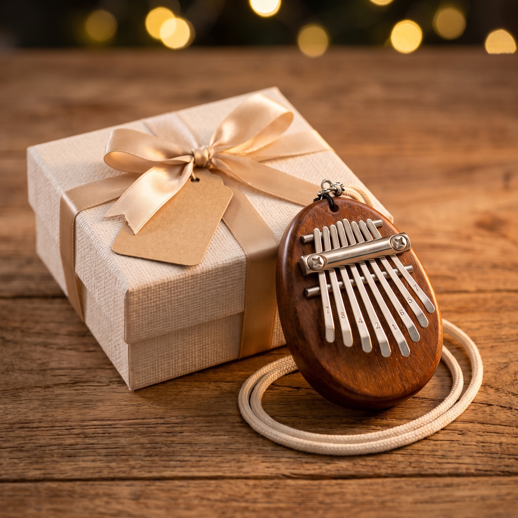 A small wooden kalimba thumb piano with silver metal tines and a cream cord, displayed next to a beige gift box tied with a satin ribbon on a rustic wooden surface.