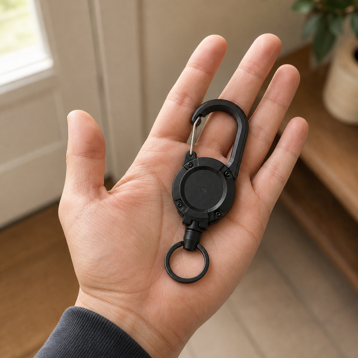 TUGLO retractable key keeper resting in an adult open palm for everyday scale